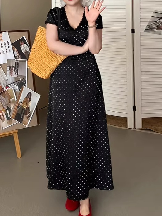 プラスサイズの女性の韓国レース V ネック水玉ドレス夏の新しいファット mm ウエスト痩身スカート|undefined