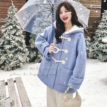 实拍小个子学院风牛角扣毛呢大衣女2025冬季新款撞色连帽加厚外套