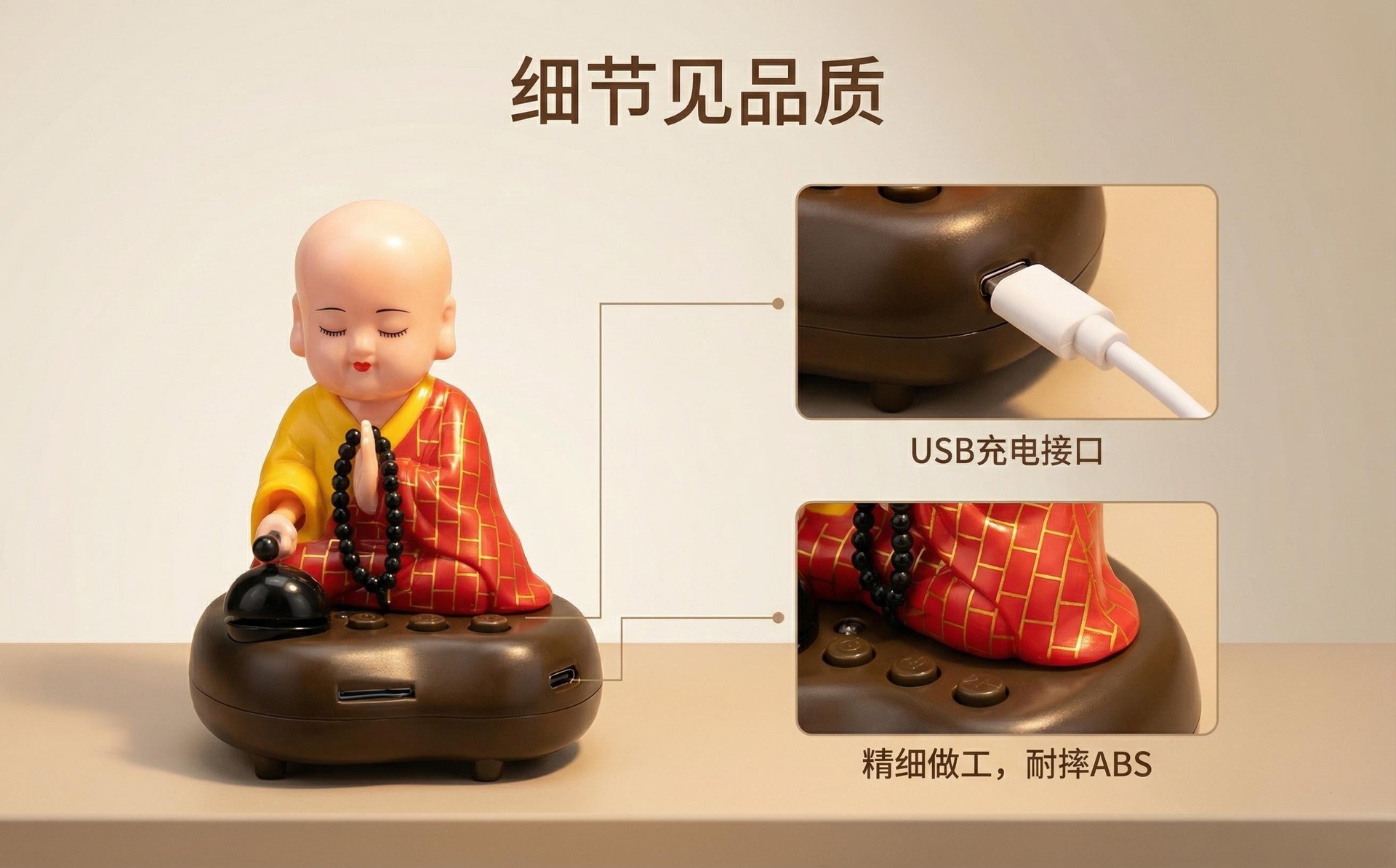 Musical little monk nodding and tapping on a wooden fish, car dashboard ornament, interior home decoration figurine, premium accessory