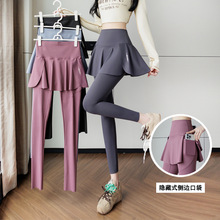 新款假两件鲨鱼裤女高腰侧口袋外穿瑜伽裤弹力显瘦大码裙裤打底裤