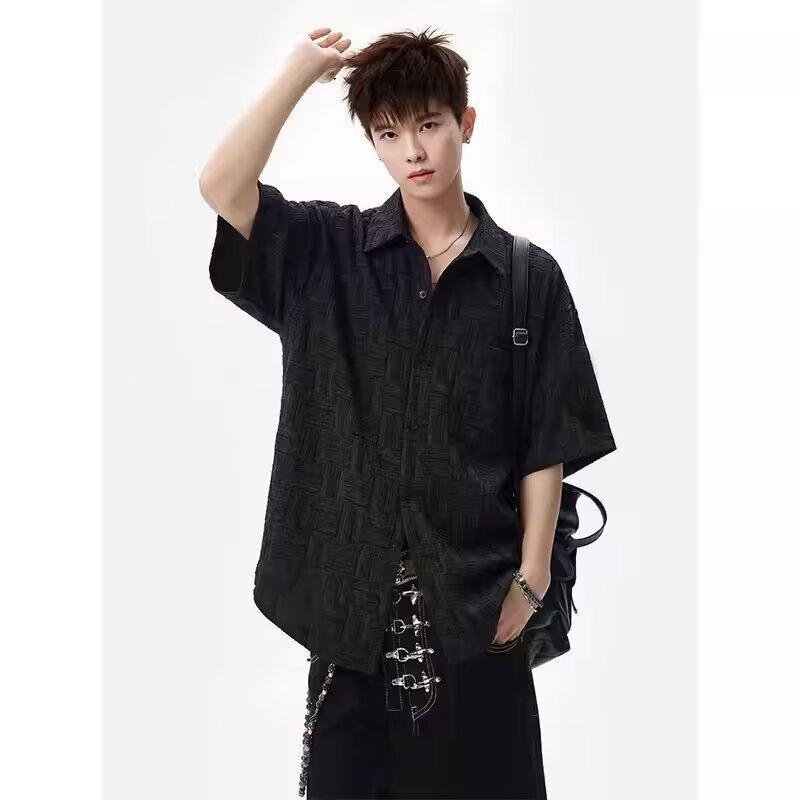American retro plaid turn-down collar short-sleeve shirt for men, summer thin casual cardigan jacket, summer sun protection shirt