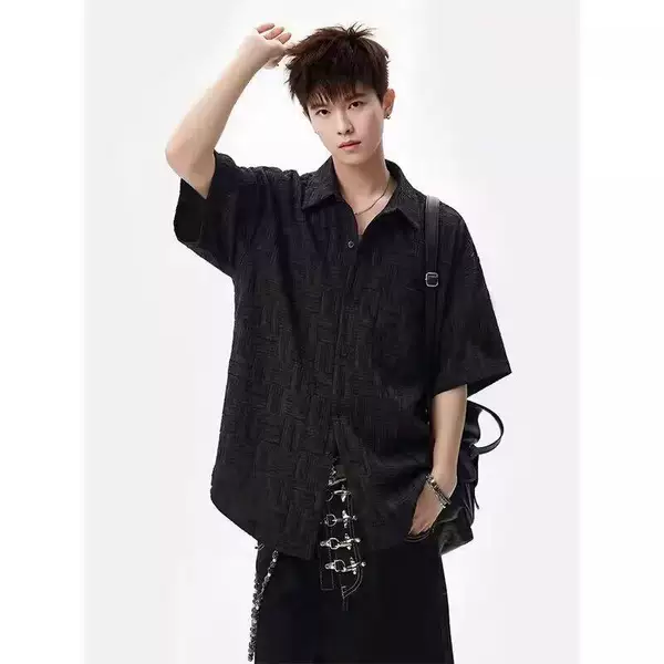 American retro plaid turn-down collar short-sleeve shirt for men, summer thin casual cardigan jacket, summer sun protection shirt