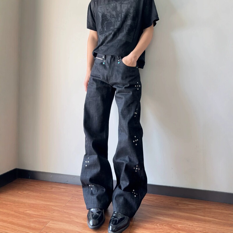 American-style trendy brand rivet red-ear raw denim straight-leg heavy-duty jeans for men with turquoise rivets stacked design