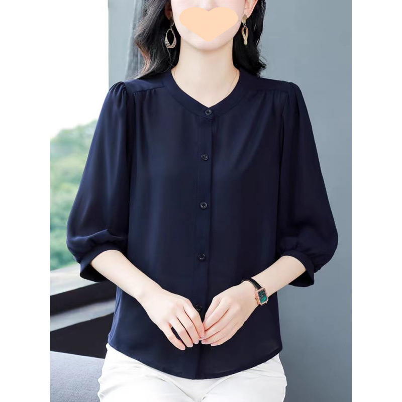 夏の新しいラウンドネック気質薄い痩身トップ無地韓国スタイル大きいサイズママ服女性のシャツお腹をカバー|undefined