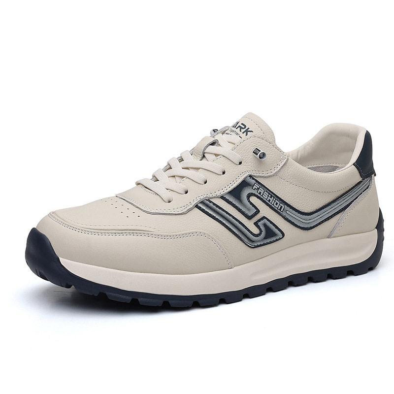 Giày sneaker nam da bò lớp đầu, kiểu Forrest Gump, da thật mỏng nhẹ thoáng khí, đế xốp, cổ thấp — Hạnh nhân trắng, Trắng xanh