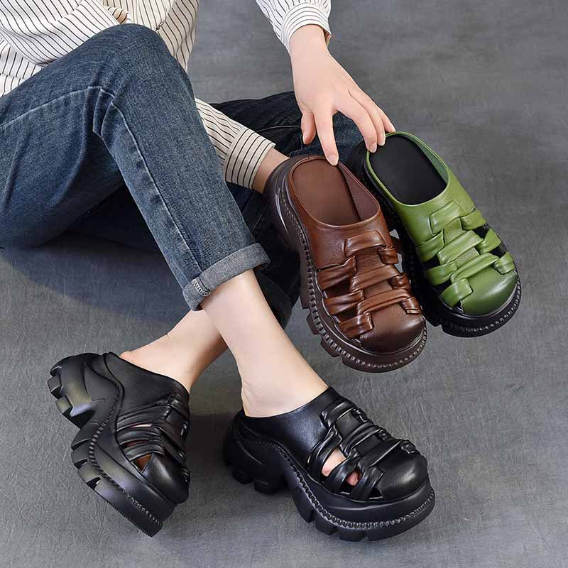 以一 Летние кожаные плетеные тапочки на платформе для отдыха, высокие слайдеры, воловья кожа