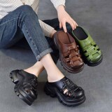 以一 Летние кожаные плетеные тапочки на платформе для отдыха, высокие слайдеры, воловья кожа