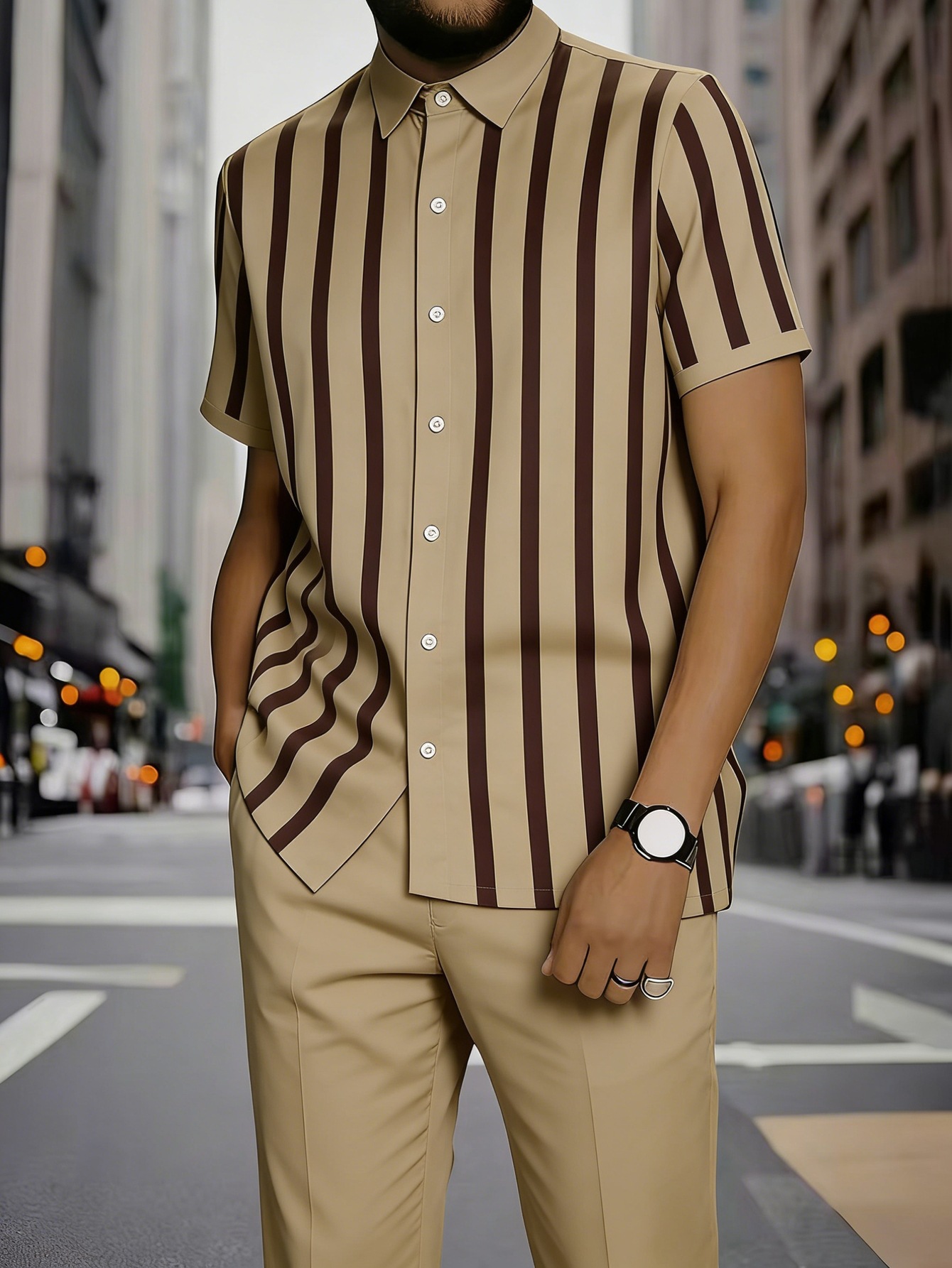 Men's Clothing Men's Commuter Style Short Sleeve Shirt And Shorts Set Collared Geometric Print Spring Summer_viptrois.com
