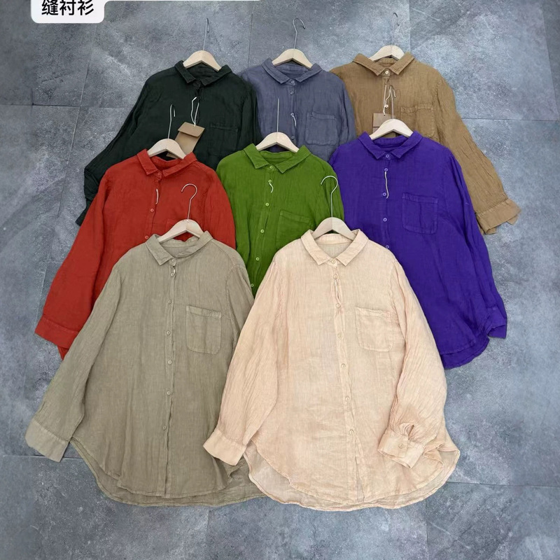 2026 Spring New Style Turn-Down Collar Imported Linen Plain Solid Color Loose Fit Long Sleeve Shirt Linen Shirt