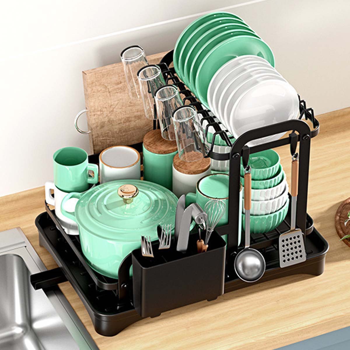 Estante para platos de doble capa de hierro plano negro transfronterizo, mesa sin perforación, estante para desagüe de vajilla de dos capas, estante para colgantes de cocina