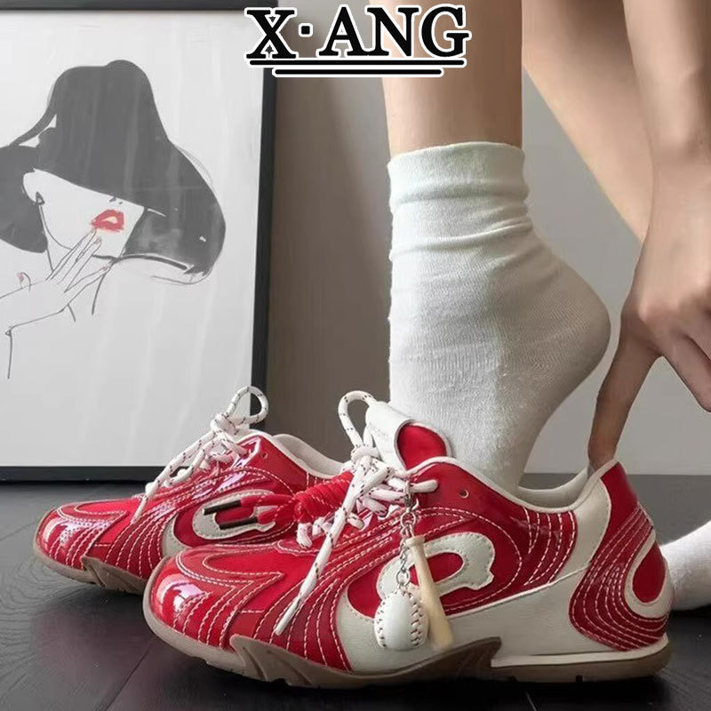 Genuine Leather Red Moral Training Shoes Women's Flats Racing Shoes 2025 Autum New Versatile Casual Sports Shoes Small White Shoes