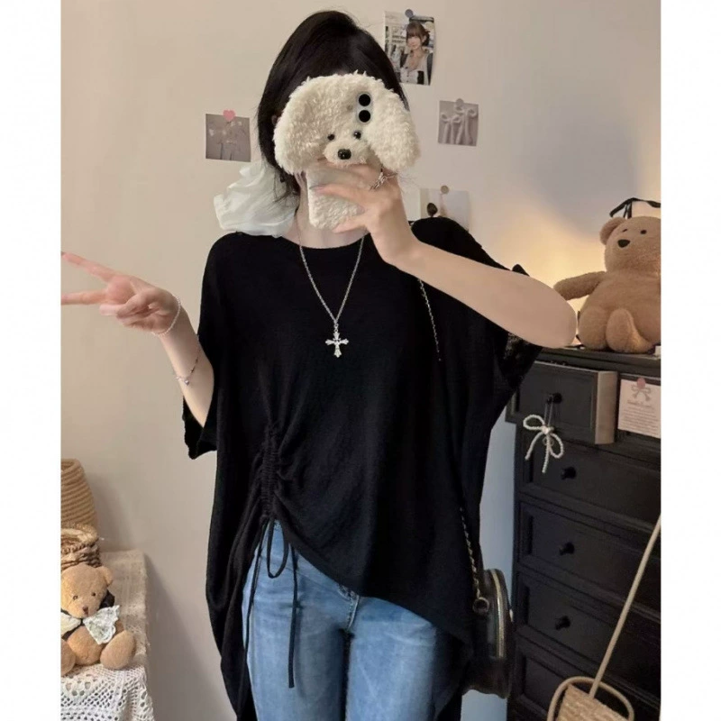 Summer knitted sweater with a round collar, plus size, drawstring, loose fit
