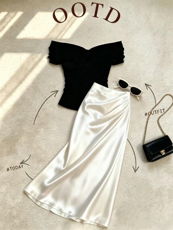 Korean-Style Women's Summer Fashion for Petite Figures: Hip-Hugging Skirt, Elegant Outfit Set, Slim-Fit Acetate Paired with Satin Skirt