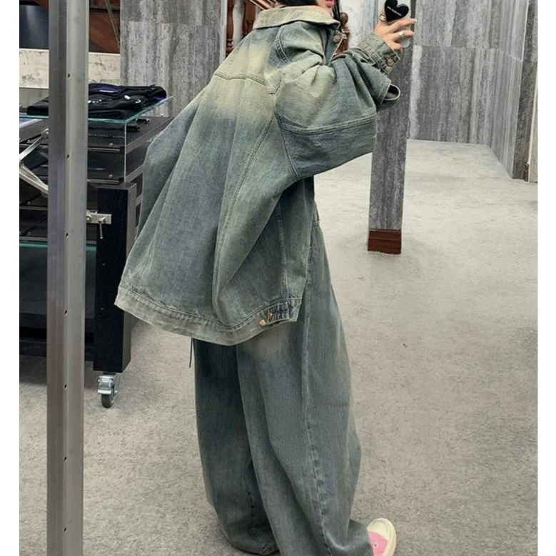 Retro denim long jacket, American style, mid-length