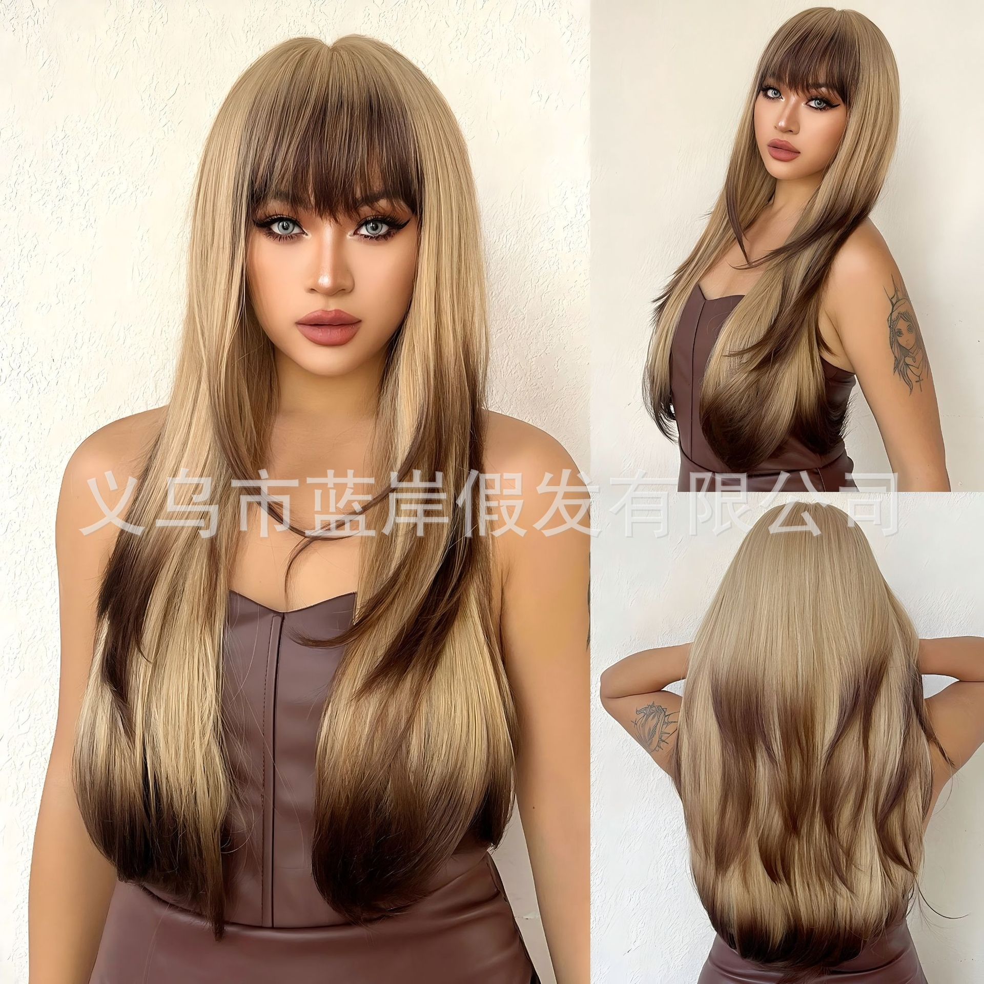 Peruca, cabello largo, franjas de alto nivel, atmósfera gris-púrpura, cos, moda, cabeza completa, mujer