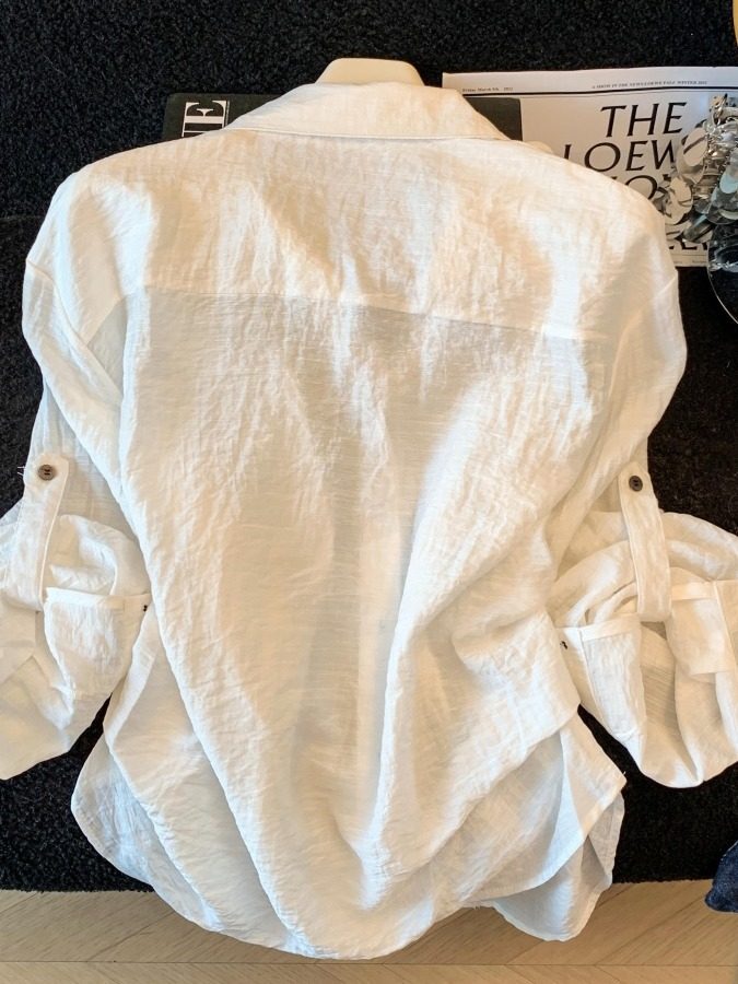 Áo sơ mi chống nắng nữ dài tay dáng rộng chất liệu linen thoáng mát — xanh lam