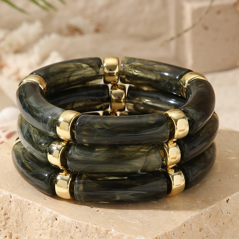 Nuevos productos transfronterizos retro europeos y estadounidenses de bambú tubo acrílico cuentas pulsera de cuerda elástica multicapa para mujeres 3 piezas de brazalete image 14