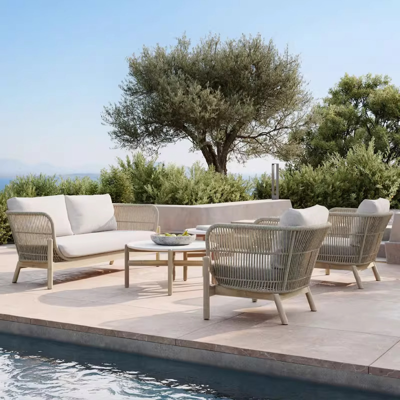 Madera sólida nórdica al aire libre ocio de caña anticorrosivo sofá de madera impermeable y solar patio modelo de casa de muebles de teca combinación