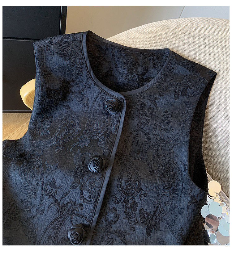 Áo ghi lê nữ dáng cardigan không tay họa tiết hoa jacquard, dài áo 50–65 cm — màu đen chi tiết 7