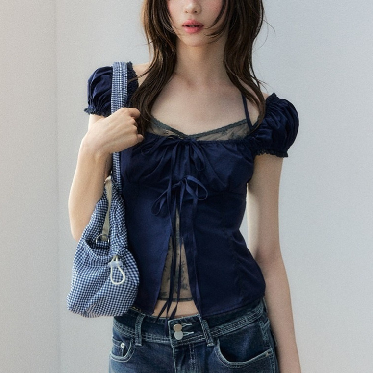 2026 Summer New Style French Sweet Fake Two-Piece Waist-Cinching Lace Splicing Puff Sleeve Shirt Top for Women