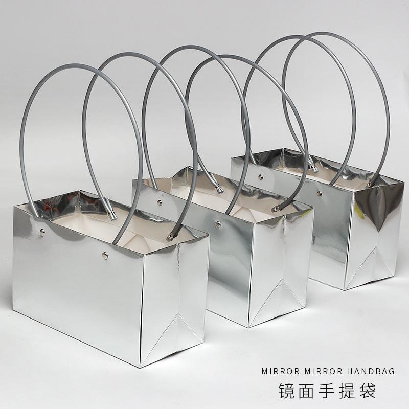 New mirror silver flower packaging tote bag wholesale bouquet packaging material rectangular kraft paper gift bag