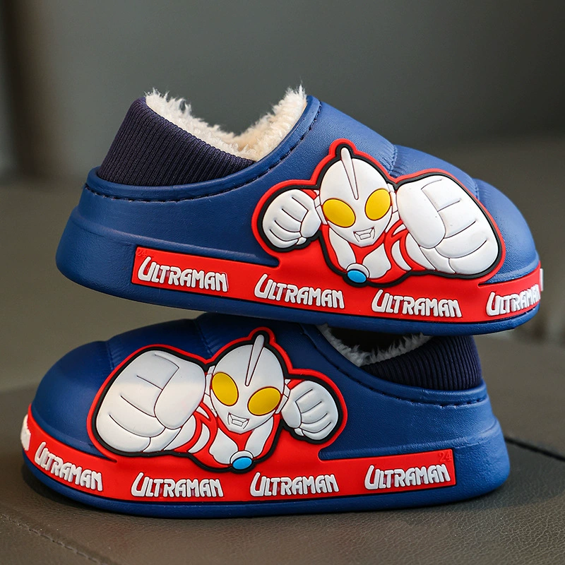 Ultraman зимняя детская хлопковая обувь на каблуке для мальчиков и девочек непромокаемая верхняя одежда большие и средние Детские теплые хлопковые тапочки