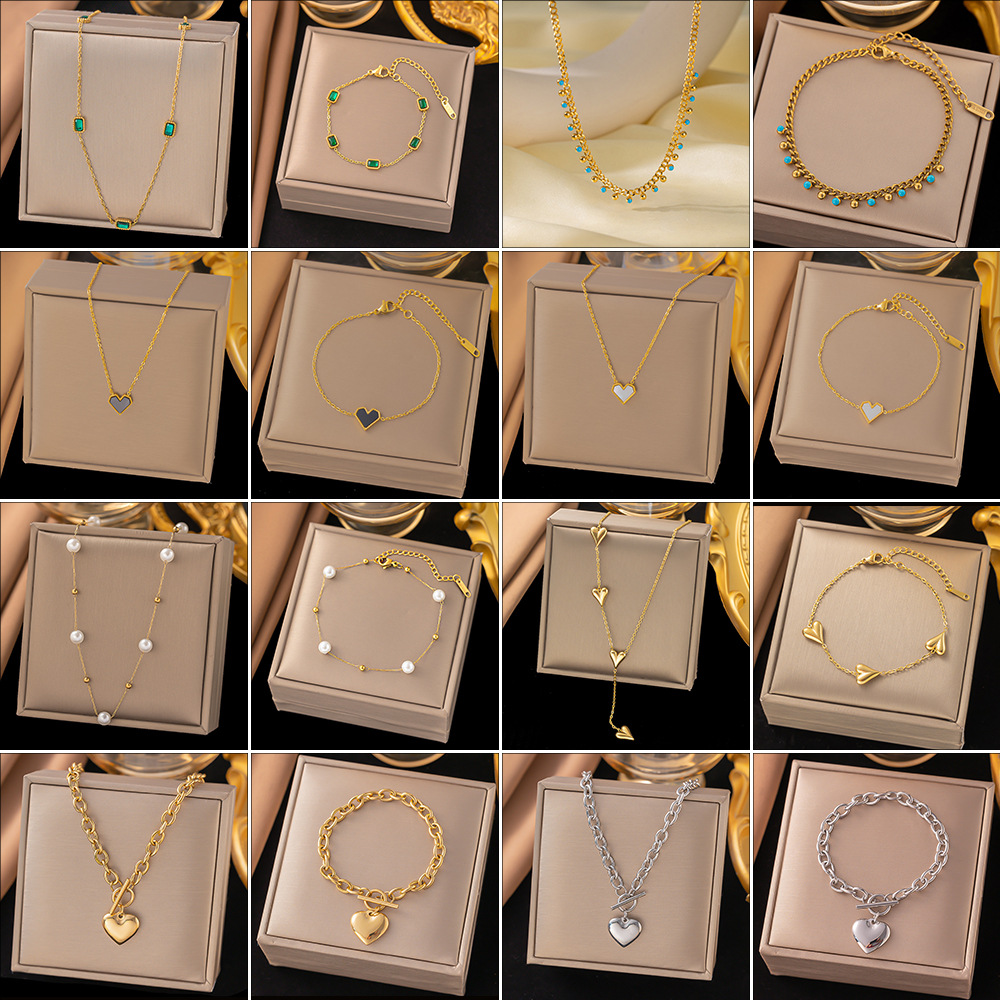 15g Weight 0.03µm-0.05µm Gold Plating Thickness Real Gold Plated 304 Stainless Steel PVD Coated Shell Zircon Heart Shape Waterproof Non Tarnish Bracelets Necklace
