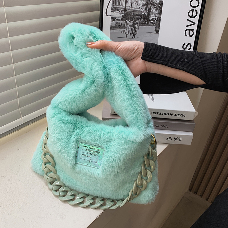 Candy colored plush shoulder for women's Fashion chain Handheld 2023 new winter trend Net red underarm bag_voghion.com