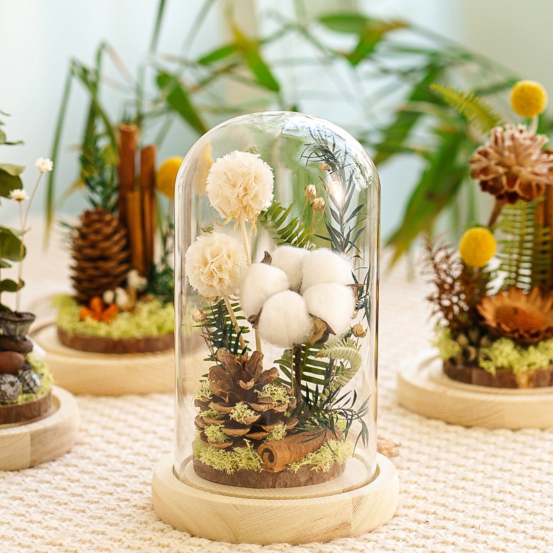 Flor de madera imortales flores secas cubierta de vidrio espécimen de plantas decoración para el hogar regalos de madera para el día de la madre