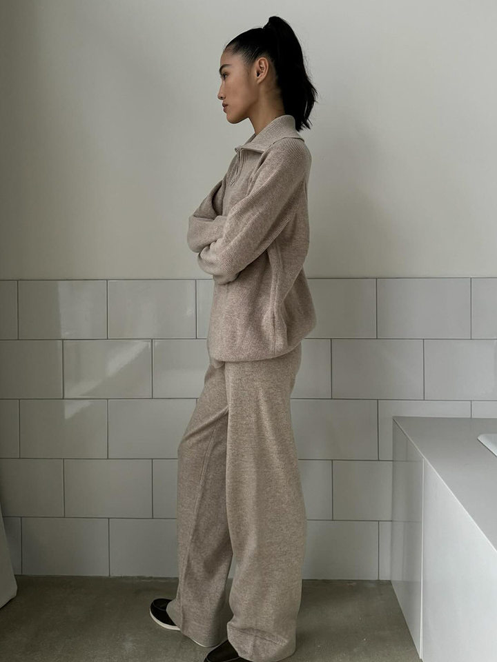 Bộ áo cardigan dệt kim khóa kéo phối quần dài ống rộng nữ — màu bột yến mạch, màu nâu, màu xám, trắng chi tiết 66