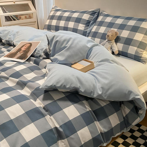 New Washable Cotton Fringe Pure Cotton Four-Piece Set Grid Skin-Friendly Student Dorm Single Comforter Cover Bed Skirt Three-Piece Set Wholesale