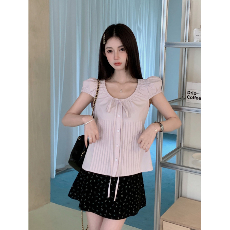 Bubble Sleeve Shirt Women's Short Sleeve Top 2025 Summer New light purple Shirt Small Slim-fit Slim-fit Top