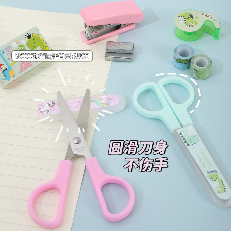 Set de grapadora de dibujos animados con tijeras y portacinta, colores pastel