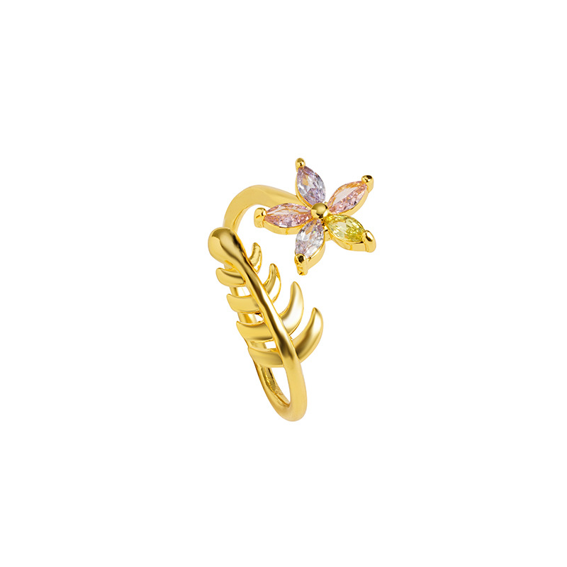 Nuevos anillos de zircon de flores de cinco colores de arena de oro simple y versátil nicho femenino accesorios de lujo ligeros fabricantes de joyería al por mayor