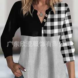 欧美跨境亚马逊独立站外贸爆款休闲v领格子撞色长袖衬衫上衣女装
