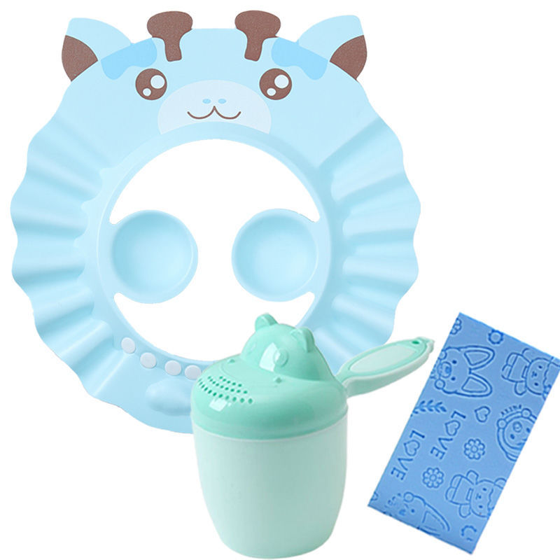 귀 보호 기능이있는 만화 베이비 블루) + 샴푸 컵 + 목욕