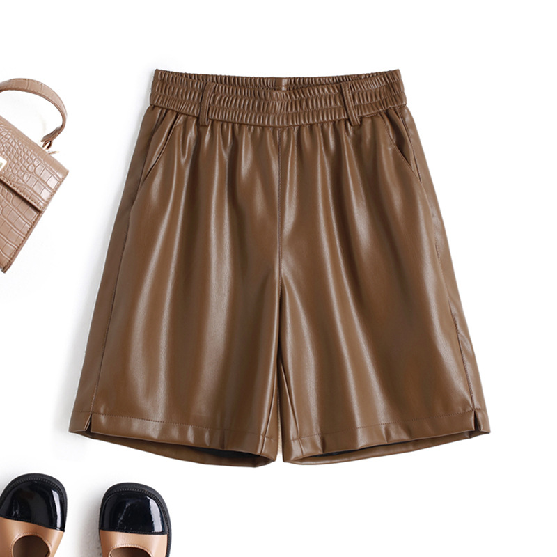 海寧本革ショートパンツ レディース 2025秋冬 羊革パンツ ハイウエスト ワイドレッグ 細見え ブーツパンツ 脚長効果