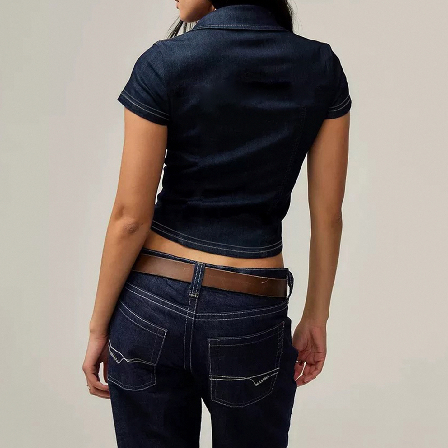 Women's Slim Fit Cropped Polo T-Shirt with Turn-Down Collar & Pocket Detail WDT35607 外模图(2)