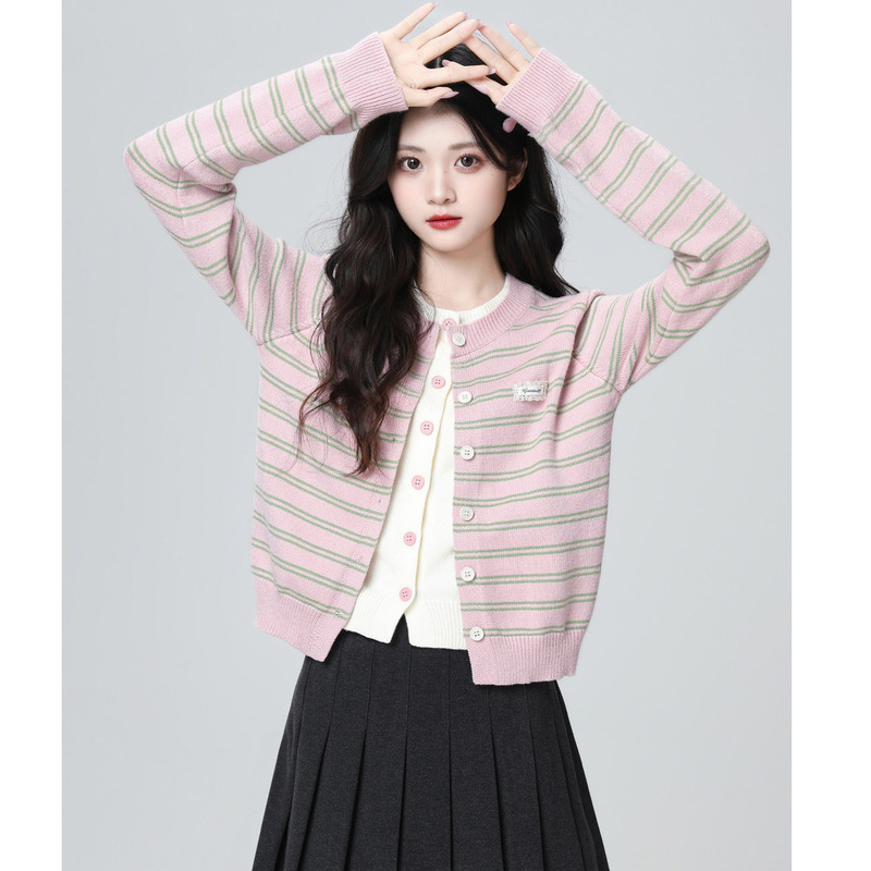 2026 Spring and Autumn New Pink Striped Knit Cardigan for Women, Faux Two-Piece Loose Round Neck Sweater Jacket Short Top 2026 Spring and Autumn New Pink Striped Knit Cardigan for Women, Faux Two-Piece Loose Round Neck Sweater Jacket Short Top