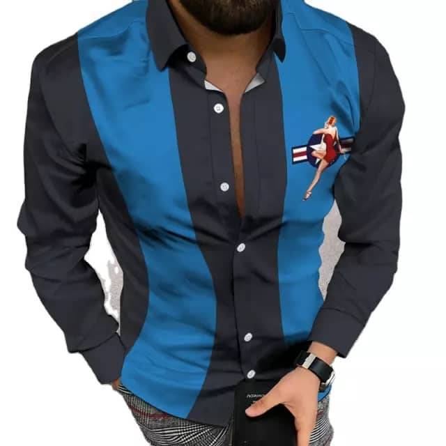 Ropa de los hombres europeos y americanos del comercio exterior 2023 primavera nuevos hombres 3D impreso casual solapa manga larga más tamaño camisa de los hombres