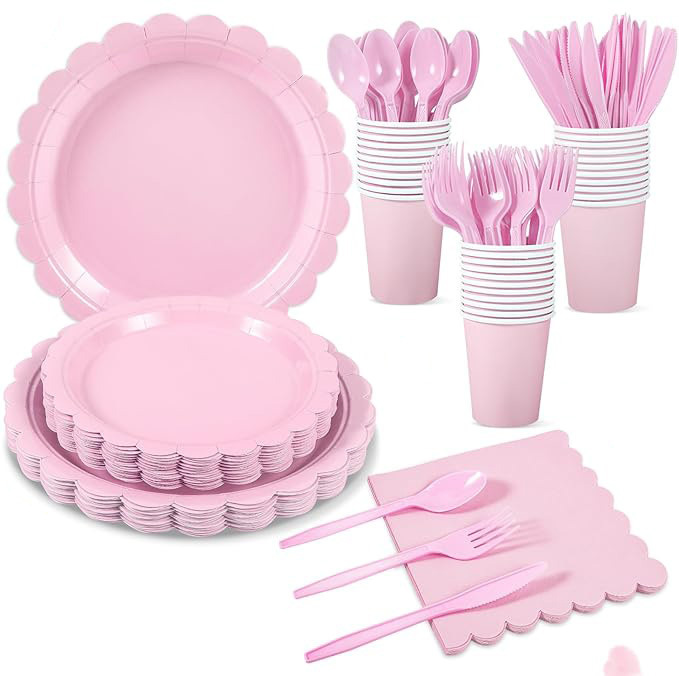 Cross-border best-selling solid color sage green birthday party decoration supplies pink paper plates tablecloth disposable tableware set