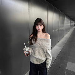 灰色露肩韩系套头毛衣女秋慵懒风宽松休闲显瘦气质小个子长袖上衣