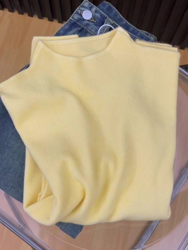 蓝色长袖正肩针织衫女生半高领毛衣大衣内搭打底衫chic上衣秋冬季|undefined