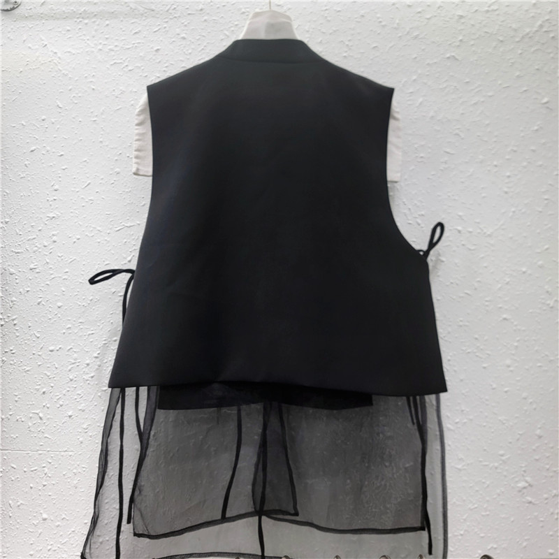 Traje negro chaleco de mujer 2026 nuevo chaqueta de pañuelo chaqueta de caballo empalmado ogan plegable sin mangas