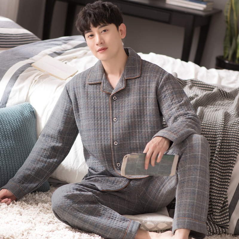 5A Antibacterial Autumn and Winter Men's Pajamas Three-Layer Sandwich Thickeneded Long-Sleeved Pure Cotton Plus Size Home Clothes Thin Quilted Cover 5A Antibacterial Autumn and Winter Men's Pajamas Three-Layer Sandwich Thickeneded Long-Sleeved Pure Cotton Plus Size Home Clothes Thin Quilted Cover