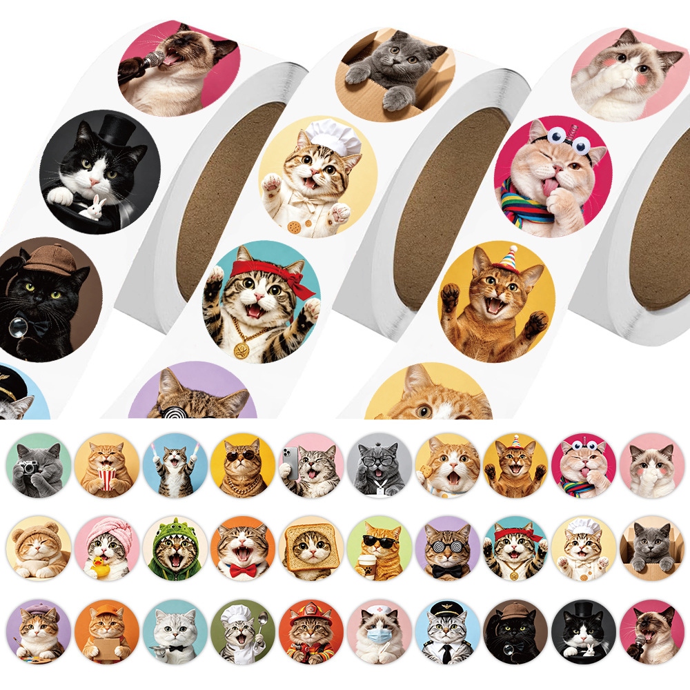 500 stickers/roll, realistic cute cat series roll stickers, DIY quirky pet gift decoration sealing stickers wholesale