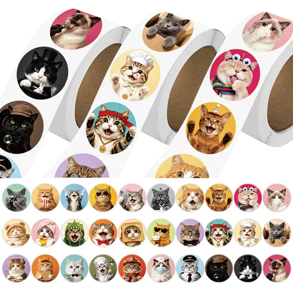 500 stickers/roll, realistic cute cat series roll stickers, DIY quirky pet gift decoration sealing stickers wholesale