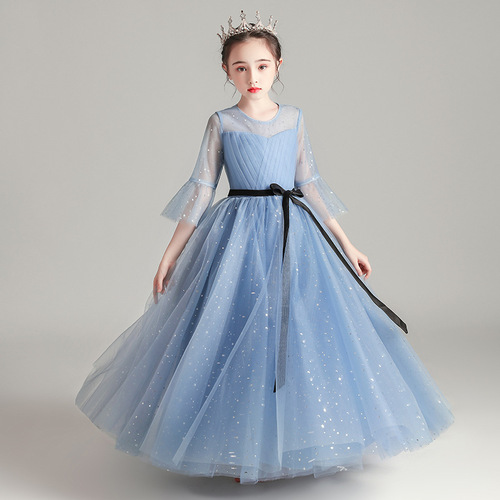 Children's Long Sleeve Dress 2024 New Style Trendy Flower Girl Host Piano Performance Dress