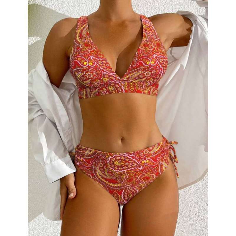 Cross-Border New Swimsuit Women's Fashion Printed Sexy Lace-Up Split Bikini Aliexpress Beach Swimwear Foreign Trade