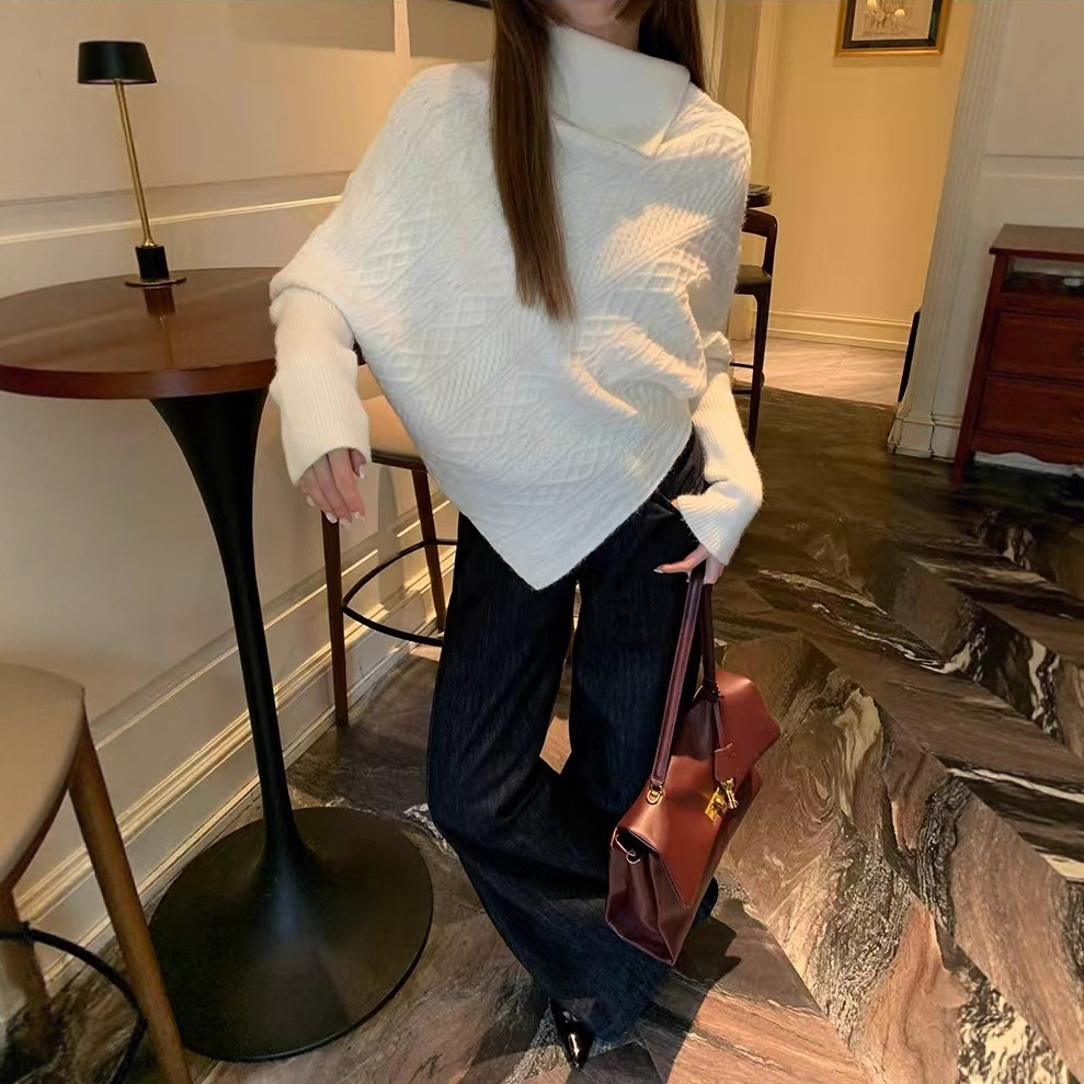 Korean Style White Corner Eight Knitted Sweater for Women 2025 Autumn and Winter New Style Lazy Style Mid-Length Pure Color Turtleneck Top Trendy